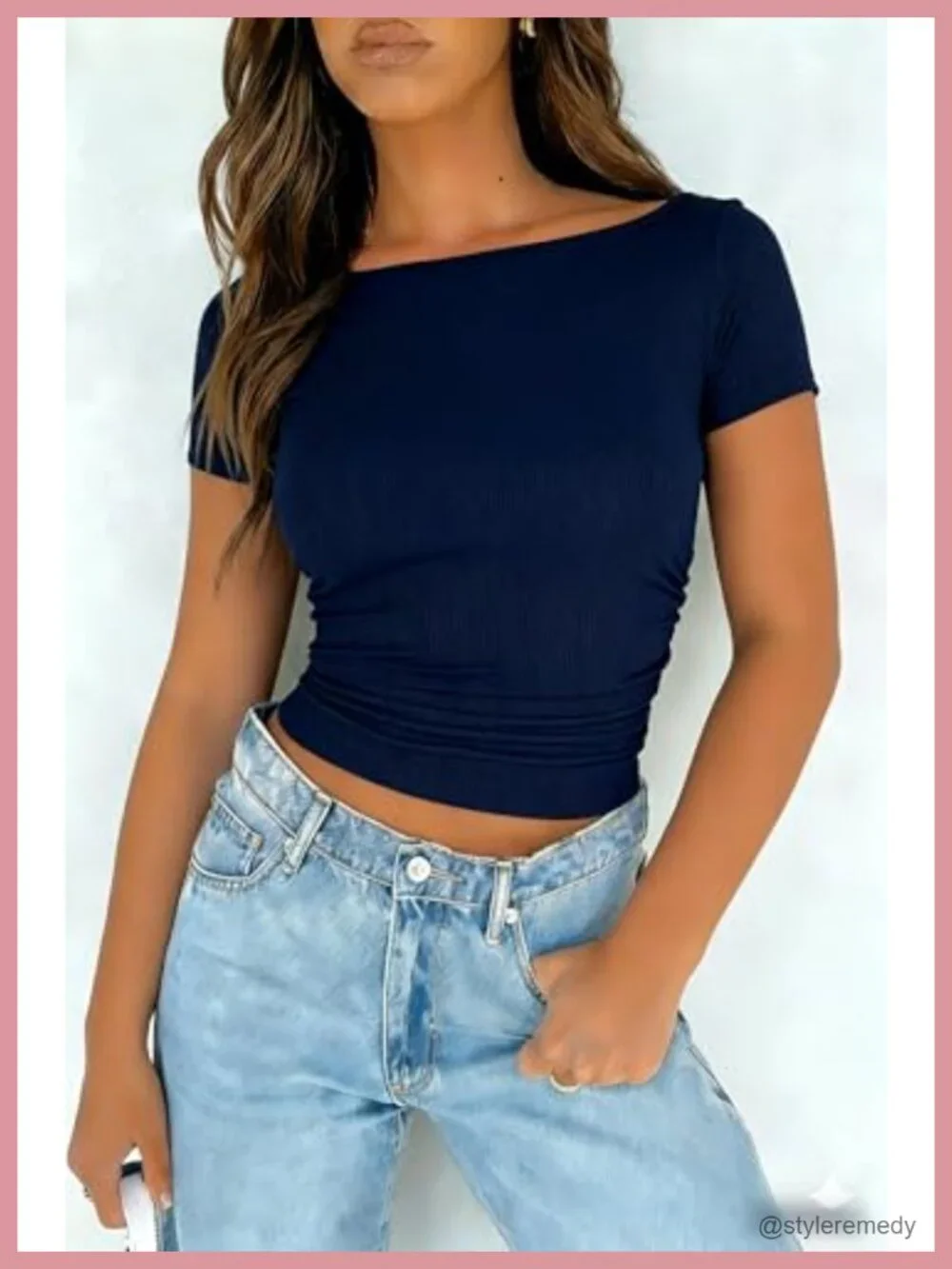 Women's Ribbed Knit Boat Neck Short Sleeve Slim Fit T-Shirt